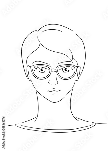 pretty young woman with short hair wearing glasses, farsighted