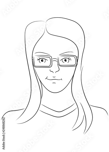 cute young woman with long straight hair wearing glasses, shortsighted
