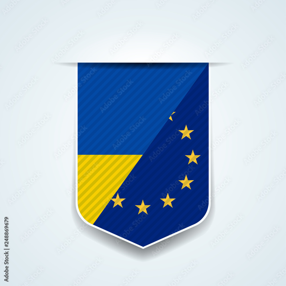 European Union & Ukraine flags shield sign illustration concept European Union & Ukraine flags shield sign illustration concept