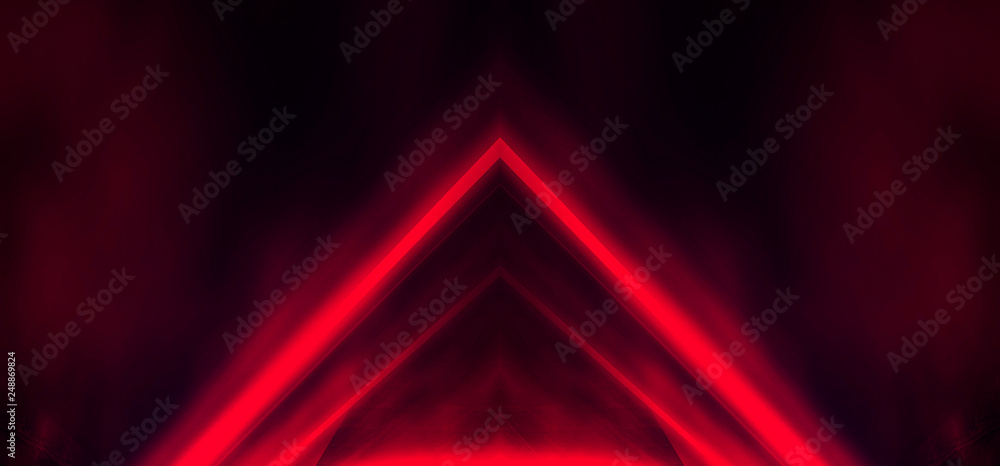Fototapeta premium Background wall with neon lines and rays. Background of an empty dark corridor with neon light. Abstract background with lines and glow.