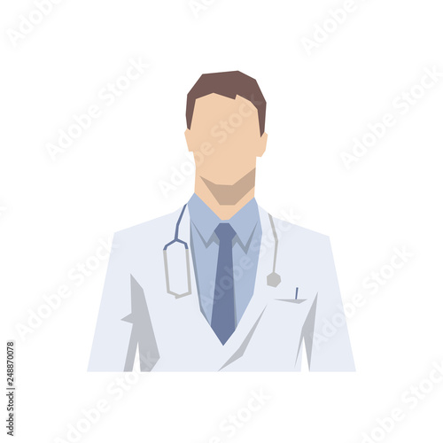 Doctor avatar icon in white coat, flat design face illustration. Senior consultant, medicine