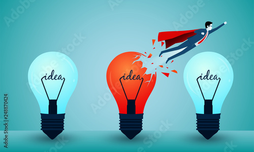 Superhero businessmen fling out of the light bulb are flying up into the sky. business finance success. leadership. startup. creative idea. illustration cartoon vector