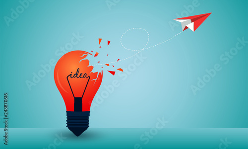 think outside the box. red paper plane ejected from the lamp launch to the sky. startup business concept. creative idad. icon. leadership. illustration cartoon vector