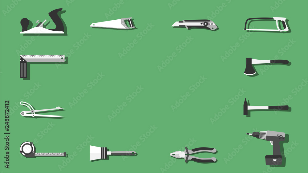 A set of monochrome construction tool icons with copy space. Wide angle eps10 vector illustration