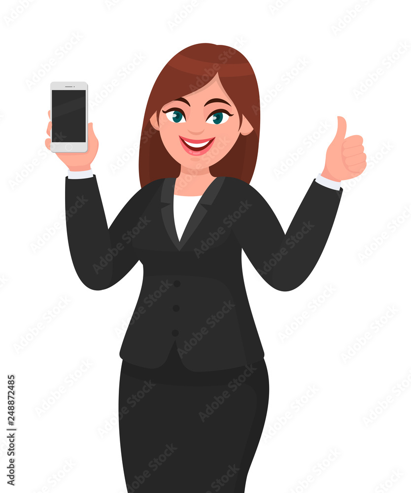 Successful businesswoman showing blank screen mobile, cell or smart phone and gesturing or making thumbs up sign with hand fingers. Like, deal, good and technology concept illustration in cartoon. Successful businesswoman showing blank screen mobile, cell or smart phone and gesturing or making thumbs up sign with hand fingers. Like, deal, good and technology concept illustration in cartoon.