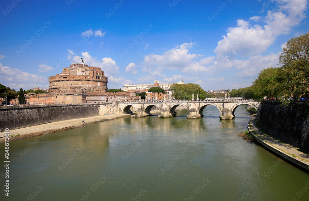 Saint Angelo Castle and Bridge over Tiber River in Rome, Italy