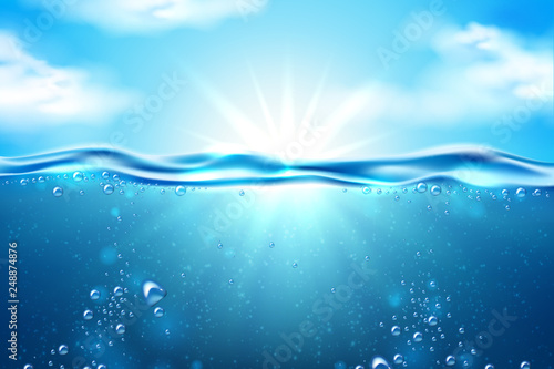 Vector sea underwater sunbeam blue sky clouds