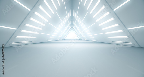 Abstract Triangle Spaceship corridor. Futuristic tunnel with light. Future interior background, business, sci-fi science concept. 3d rendering