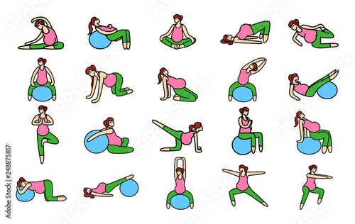 Color Gymnastic for pregnant icon set. Set of 20 Yoga poses for Pregnant women. Prenatal exercise. Fitness healthy lifestyle. Vector illustration.