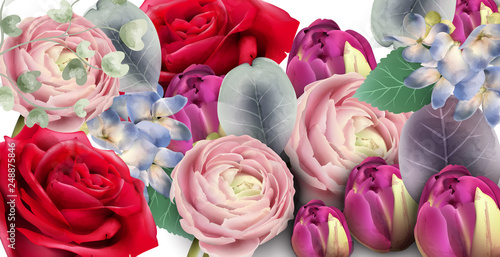 Roses bouquet Vector watercolor. Delicate seasonal background. Beautiful spri...