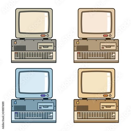 Retro vintage computer with monitor, drive and keyboard