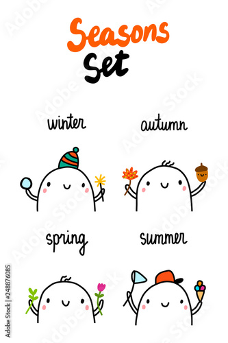 Seasons set hand drawn illustrations with cute marshmallow in different months