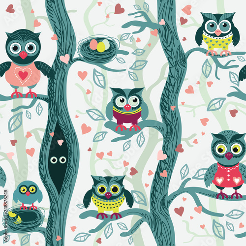 Owls in spring seamless pattern in Scandinavian style. Owls on a tree in a spring forest. Birds waiting for love. Vector background for fabric,   textile, wallpaper, posters, gift wrapping paper, napk photo