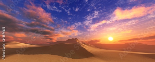 Sand desert at sunset, sunrise in the desert, sand under the sun, clouds over the desert, panorama