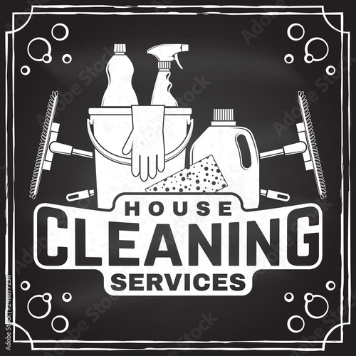 Cleaning company badge, emblem. Vector illustration. Concept for shirt, stamp or tee. Vintage typography design with cleaning equipments. Cleaning service sign for company related business