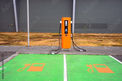 Empty Charging Station for Electric Cars with Aspahlt painted in Green in Iceland