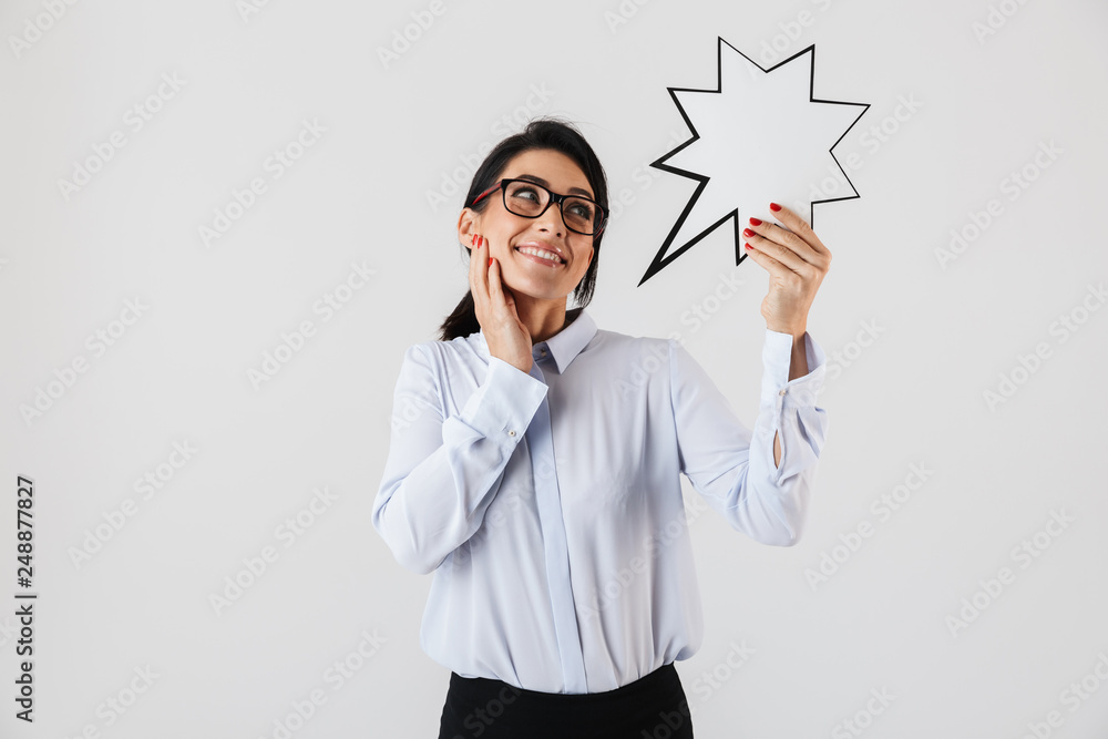 Photo of pretty female worker wearing eyeglasses holding blank idea message, isolated over white background Photo of pretty female worker wearing eyeglasses holding blank idea message, isolated over white background