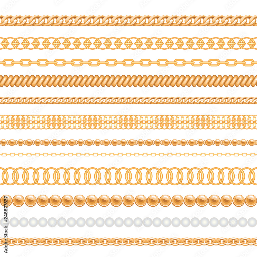 Set of gold chains and ropes isolated on white. Seamless brushes for design. Set of gold chains and ropes isolated on white. Seamless brushes for design.