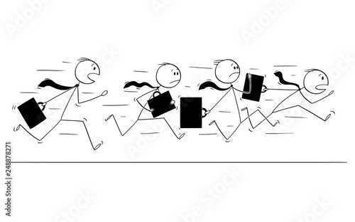 Cartoon stick figure drawing of group of businessmen in suits and briefcases or notebooks running together in panic.