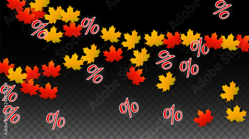 Vector Percentage Sign and Autumn Leaves Confetti on Transparent Background. Percent Sale Background. Business, Economics, Finance Print. Discount Illustration. Promotion poster. Black Friday Banner. 