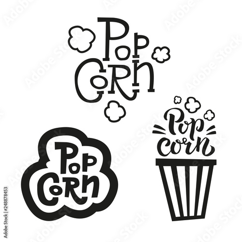 Set of 3 Popcorn text labels in different styles. Hand drawn typography sign. Collection of Black white logo. Vector illustration. Graphic Design for print, pack, packaging, poster, banner, flyer card