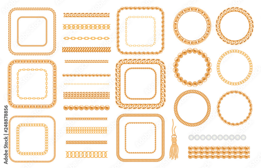 Set of gold chains and ropes isolated on white. Jewelry decorative elements. Seamless brushes for design. Set of gold chains and ropes isolated on white. Jewelry decorative elements. Seamless brushes for design.
