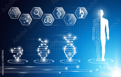 abstract background technology concept in blue light,brain and human body heal ,technology modern medical science in future and global international medical with tests analysis clone DNA human