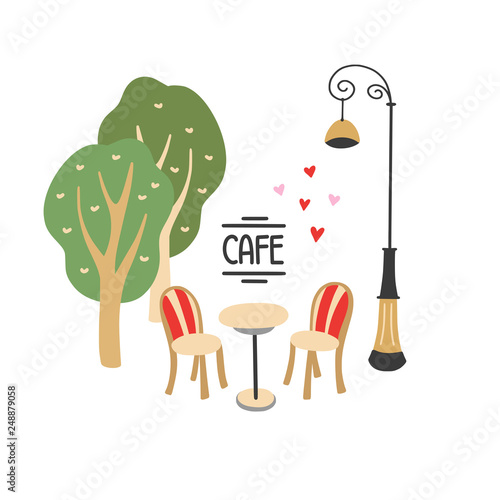 Street cafe in Paris vector illustration on white background. Two chairs, table and trees hand drawn graphic elements