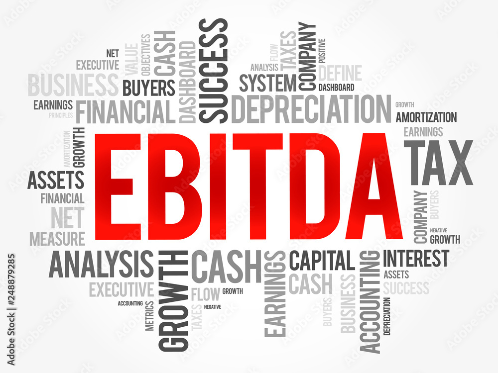 EBITDA (Earnings before interest, taxes, depreciation and amortization) word cloud collage, business concept background