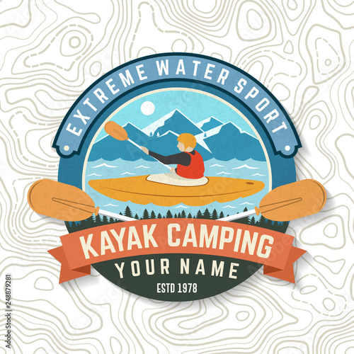 Kayak club. Vector. Concept for patch, badge, print, stamp or tee. Vintage typography design with american indian silhouette. Extreme water sport. Outdoor adventure emblems, kayak patches.