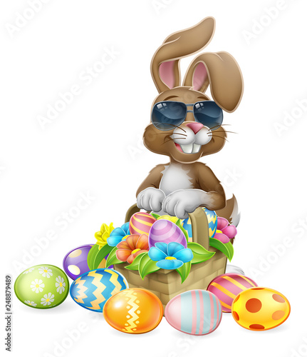 Easter bunny rabbit cartoon character in cool sunglasses or shades with a basket on an Easter egg hunt