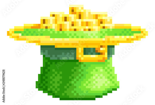 A St Patricks Day leprechaun hat full of gold coins icon in pixel art 8 bit arcade video game style graphic illustration