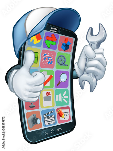 A mobile phone repair service or perhaps plumber or mechanic app cartoon character mascot holding spanner and giving a thumbs up.