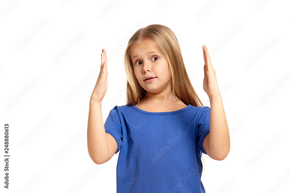 Portrait of adorable emotional little girl isolated on a white Portrait of adorable emotional little girl isolated on a white