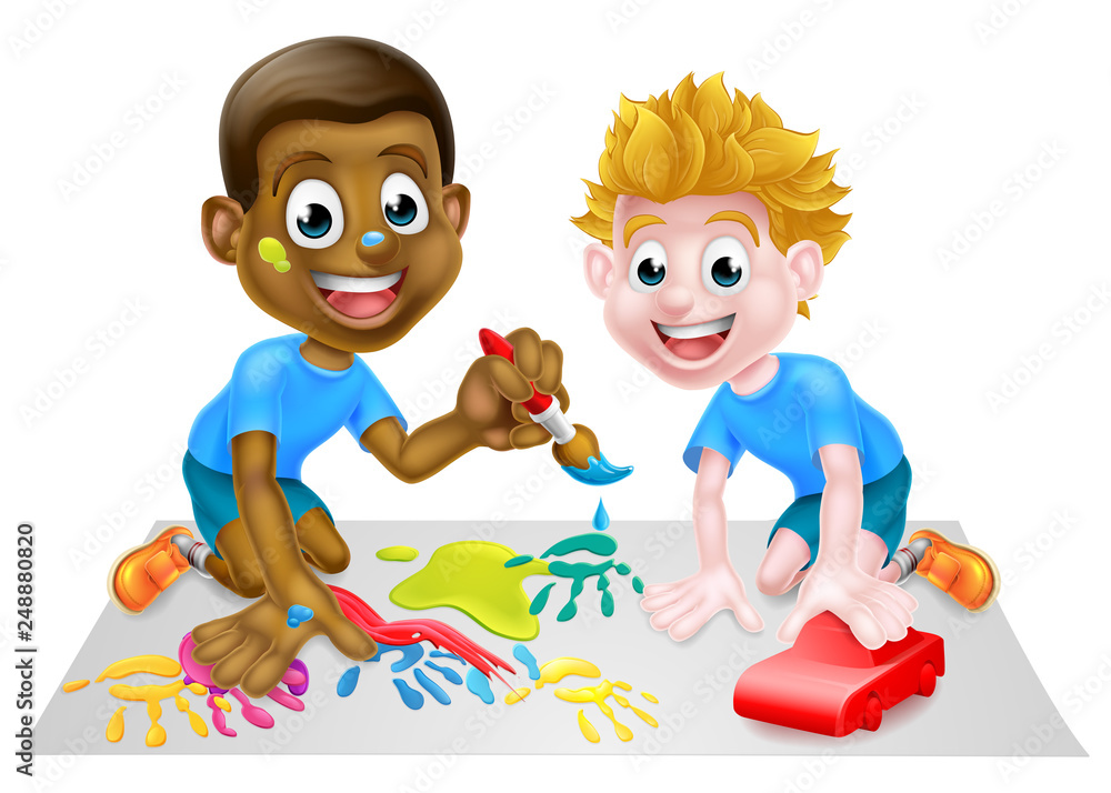 Two little boys, one black and one white, having fun playing with paints and building blocks. Two little boys, one black and one white, having fun playing with paints and building blocks.