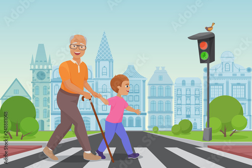 Helping senior old man. Little boy helps an old man to cross the road in city vector illustration.