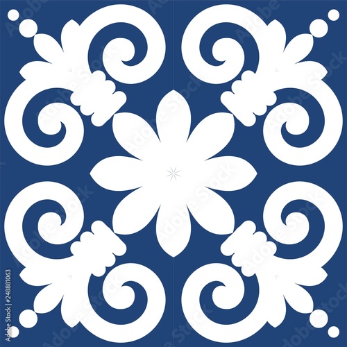 Blue Portuguese tiles pattern - Azulejos vector, fashion interior design tiles 