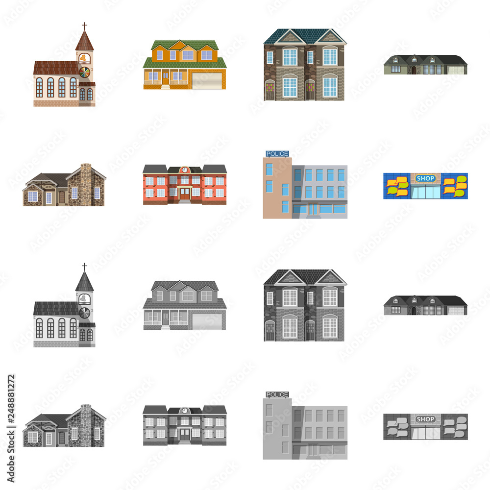 Fototapeta premium Vector illustration of building and front icon. Set of building and roof stock symbol for web.