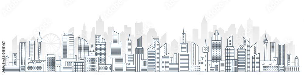 Fototapeta premium Flat line Urban Cityscape panorama. Real Estate and city construction outline header concept with modern skyscrapers vector Illustration.
