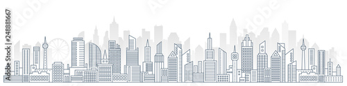 Flat line Urban Cityscape panorama. Real Estate and city construction outline header concept with modern skyscrapers vector Illustration.