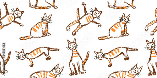 Funny red tabby cat seamless pattern. Wax crayon like child`s hand drawn cute kitten clip art set. Pastel chalk or pencil kids line art stroke sitting, flying cats. Vector artistic doodle simple pets