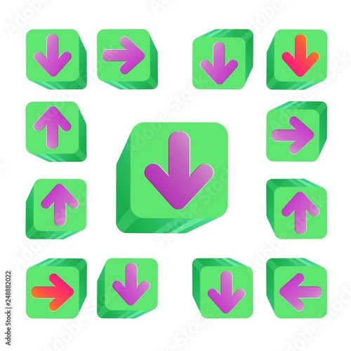 Buttons in 3d.  Green buttons. Arrows in different directions.