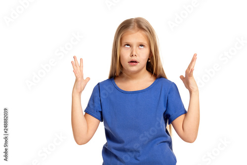 Portrait of adorable emotional little girl isolated on a white