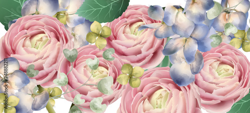 Delicate roses bouquet Vector watercolor. Romantic seasonal background. Beaut...