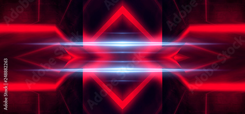 Background wall with neon lines and rays. Background of an empty dark corridor with neon light. 