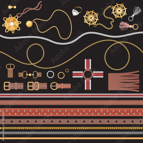 Chain and belt elements collection, braid for fabric design set vector illustration.