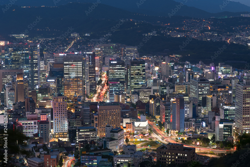 Scenic view of Seoul city at night, South Korea