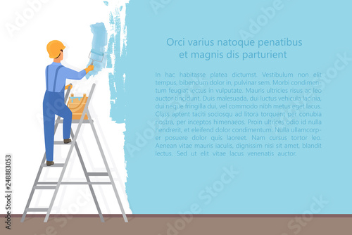 Man decorator painter with a paint roller painting a color wall. Upgrade and repair process concept. Website reconstruction vector illustration.
