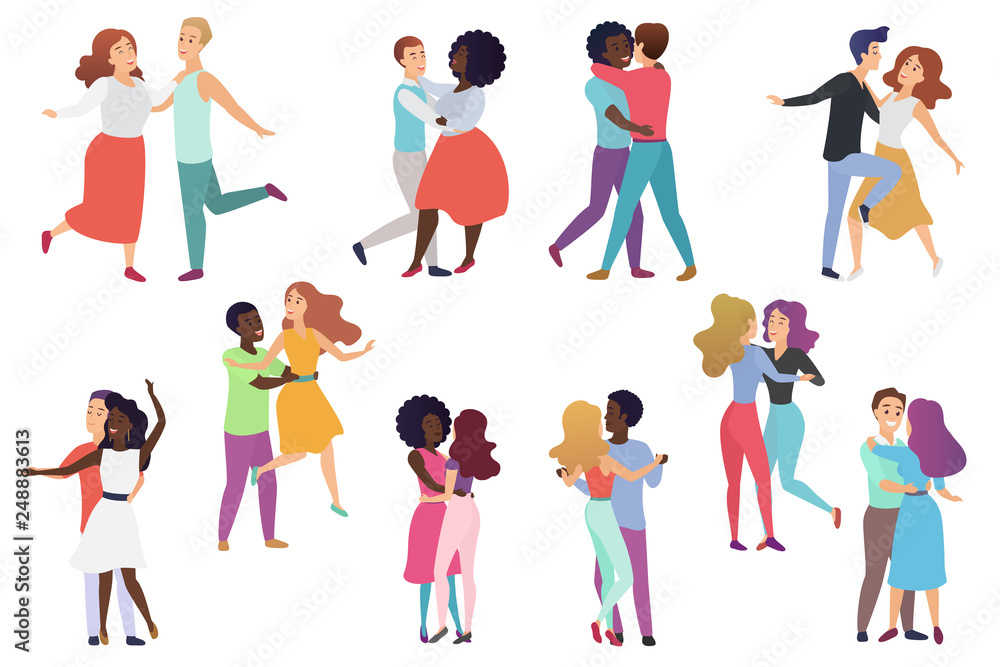 Male and female pairs of dancers. Men and women couple, Group of happy dancing people. People dance party vector illustration.