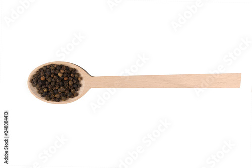 pepper peppercorns on wooden spoon isolated on white background